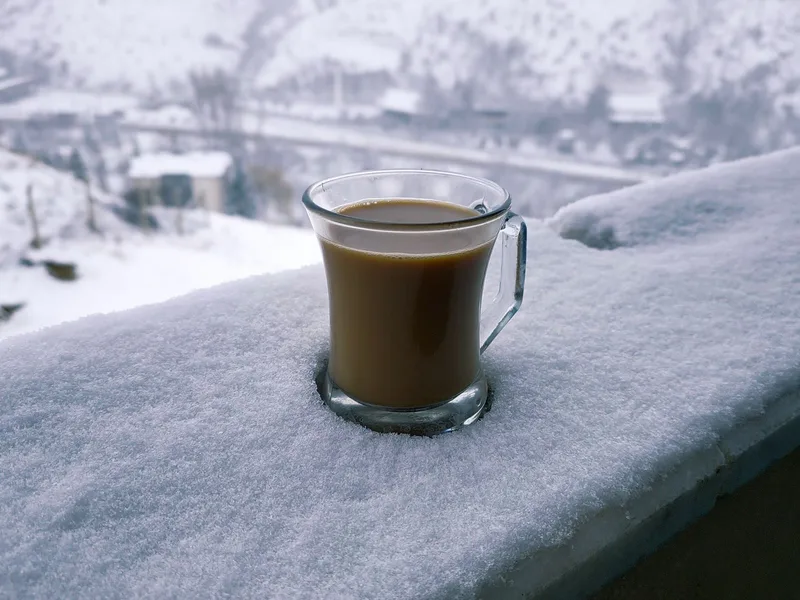 Tasse de café chaud posée sur un muret enneigé face à un paysage de montagne